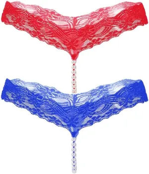 2 Pack Womens Pearls Mini Bikini G-String Thongs Peral Chain String Cute Lingerie T Pants Lace Thongs M-XXL