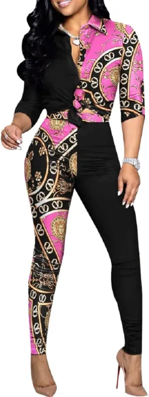 2 Piece Outfits for Women Sexy Bodycon Long Sleeve Crop Tops Long Pants Sets Floral Print Tracksuits