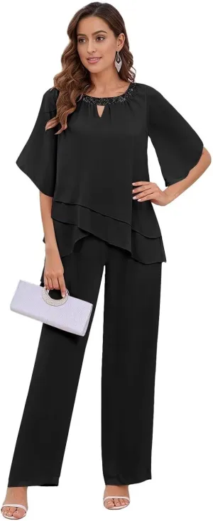 2 Pieces Mother of The Bride Pant Suits for Women Dressy Layered Chiffon Sequin Neck Short Sleeve Formal Outfits
