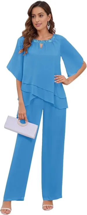 2 Pieces Mother of The Bride Pant Suits for Women Dressy Layered Chiffon Sequin Neck Short Sleeve Formal Outfits