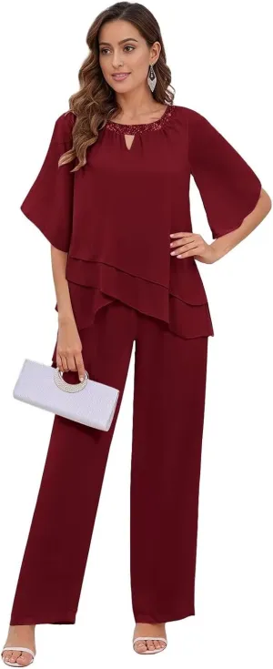 2 Pieces Mother of The Bride Pant Suits for Women Dressy Layered Chiffon Sequin Neck Short Sleeve Formal Outfits