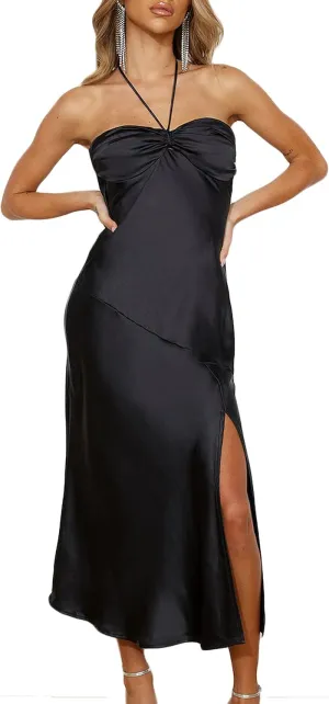 2024 Summer Satin Tube Tops Slit Wedding Guest Dress for Women Elegant Sexy Strapless Halter Neck Midi Dresses