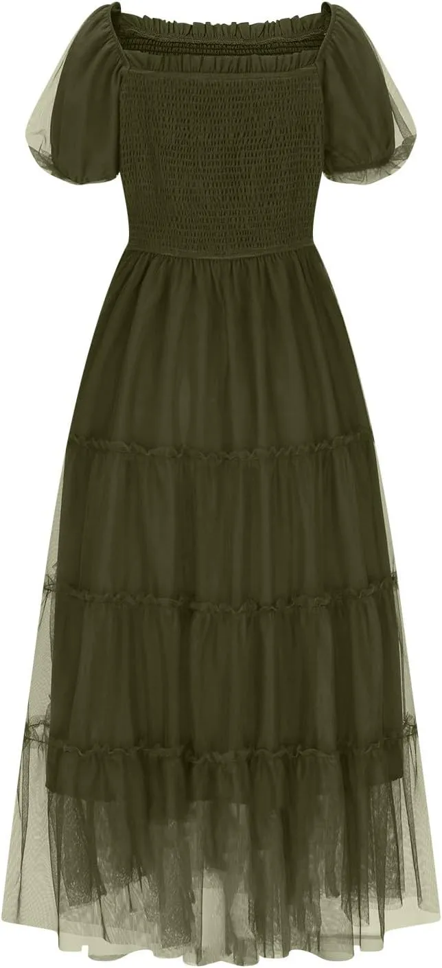 2025 Women's Smocked Midi Tulle Dress Summer Puffy Short Sleeve Square Neck Ruffle Dress Wedding Guest Party Dresses