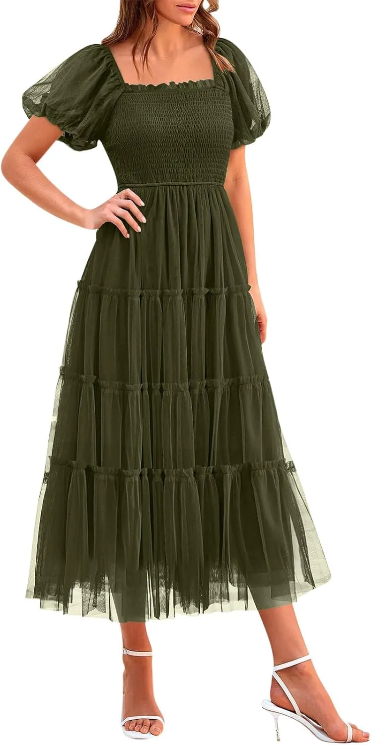2025 Women's Smocked Midi Tulle Dress Summer Puffy Short Sleeve Square Neck Ruffle Dress Wedding Guest Party Dresses
