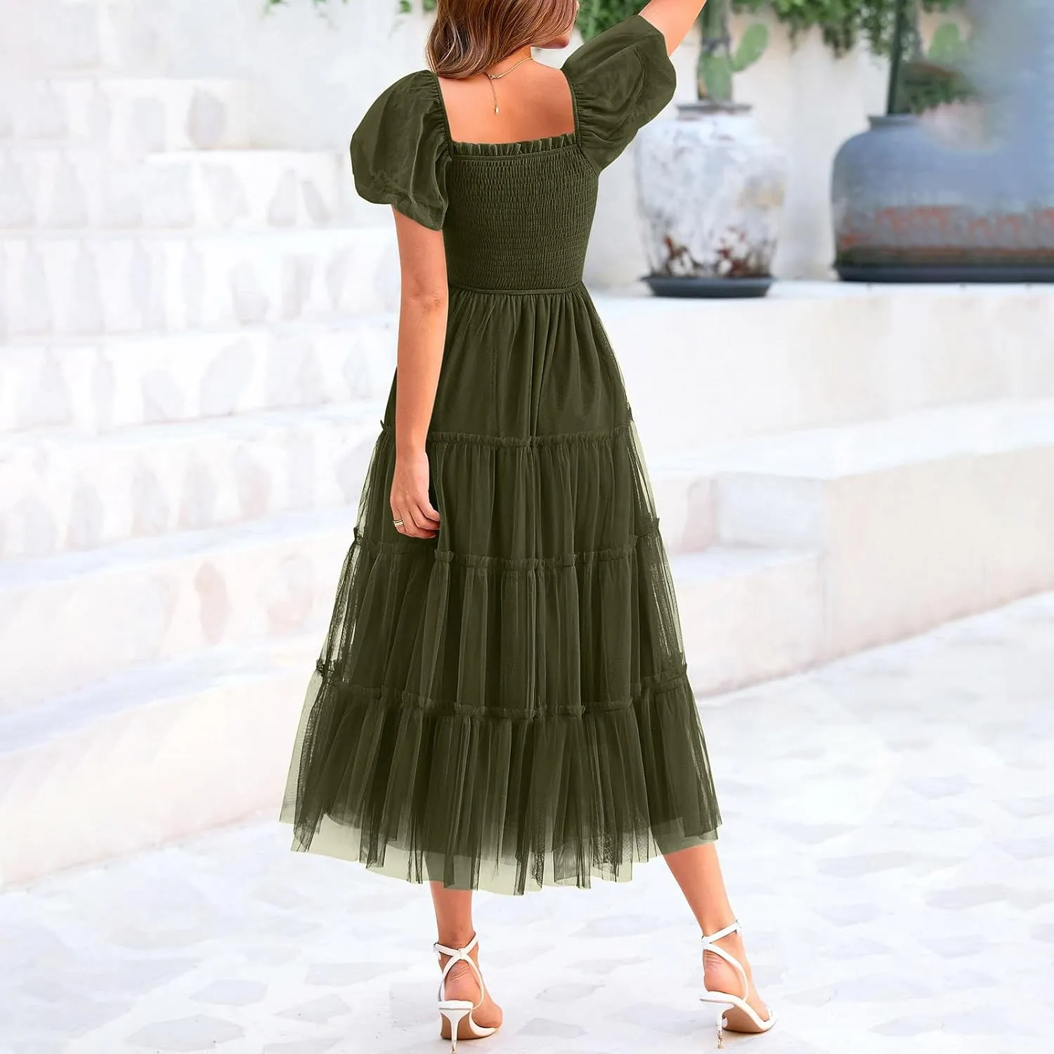 2025 Women's Smocked Midi Tulle Dress Summer Puffy Short Sleeve Square Neck Ruffle Dress Wedding Guest Party Dresses