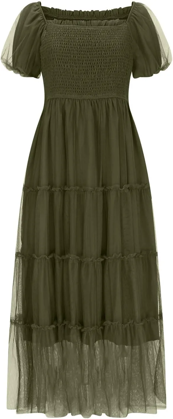 2025 Women's Smocked Midi Tulle Dress Summer Puffy Short Sleeve Square Neck Ruffle Dress Wedding Guest Party Dresses