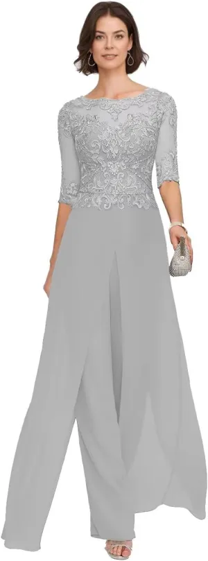 2Pcs Mother of The Bride Jumpsuit Laces Applique Pant Suits Chiffon Wedding Guest Dresses for Women