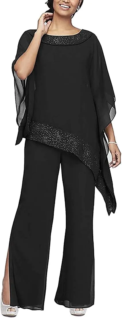 3 PC Chiffon Irregular Plus Size Women Pant Suits Mother of The Bride Wedding Formal Evening Groom Gowns