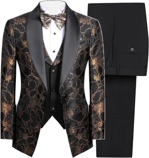 3 Pieces Men's Tuxedo Paisley Groom Wedding Blazer Jacket Vest Pants Sets Floral Formal Suits for Party,Dinner,Prom