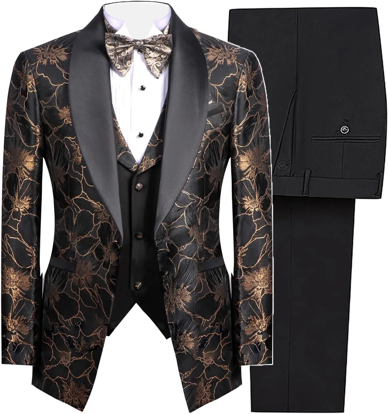 3 Pieces Men's Tuxedo Paisley Groom Wedding Blazer Jacket Vest Pants Sets Floral Formal Suits for Party,Dinner,Prom