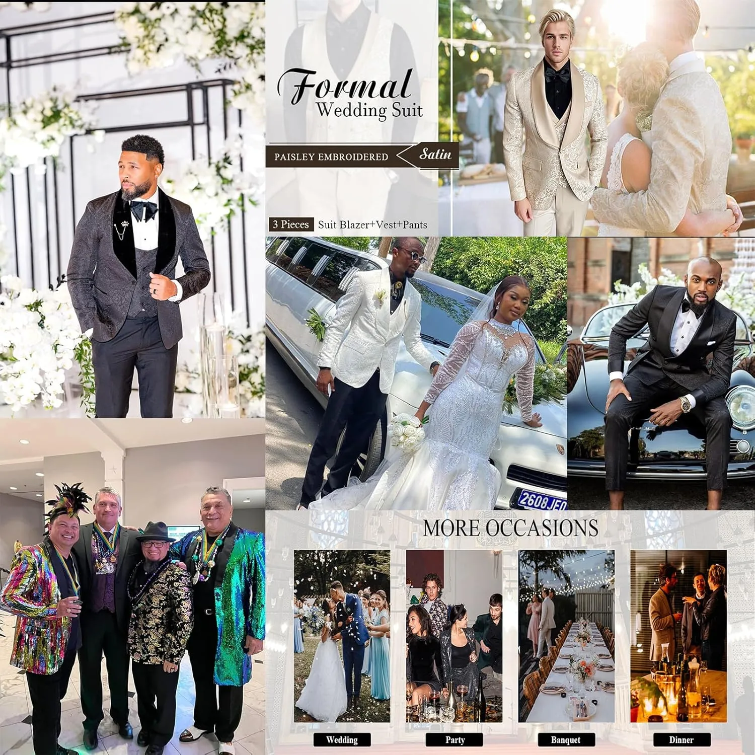 3 Pieces Men's Tuxedo Paisley Groom Wedding Blazer Jacket Vest Pants Sets Floral Formal Suits for Party,Dinner,Prom