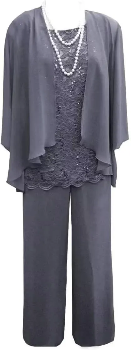 3 Pieces Mother of The Bride Dresses Pant Suits Lace Appliques Chiffon Long Wedding Guest Dress with Jacket