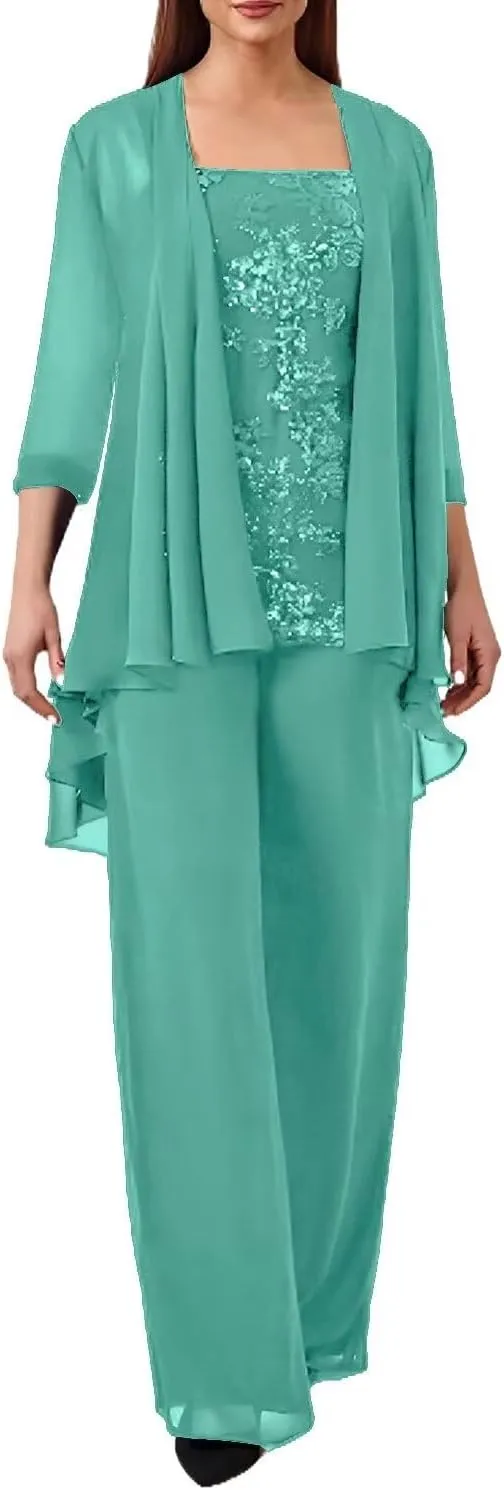 3 Pieces Mother of The Bride Pant Suits for Wedding Chiffon Formal Pantsuits for Women Evening Party with Jacket