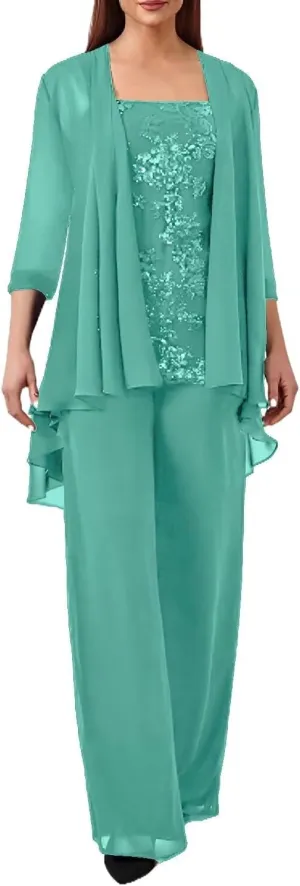 3 Pieces Mother of The Bride Pant Suits for Wedding Chiffon Formal Pantsuits for Women Evening Party with Jacket