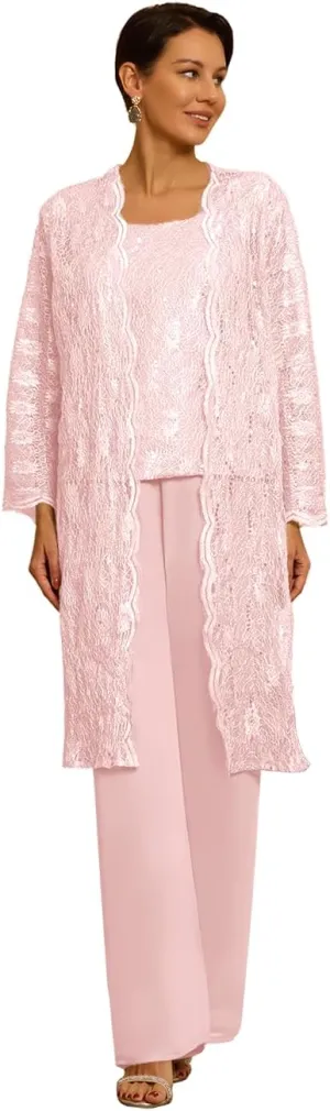 3 Pieces Mother of The Bride Pant Suits with Jackets for Wedding Laces Chiffon Sequin Wedding Guest Dresses for Women