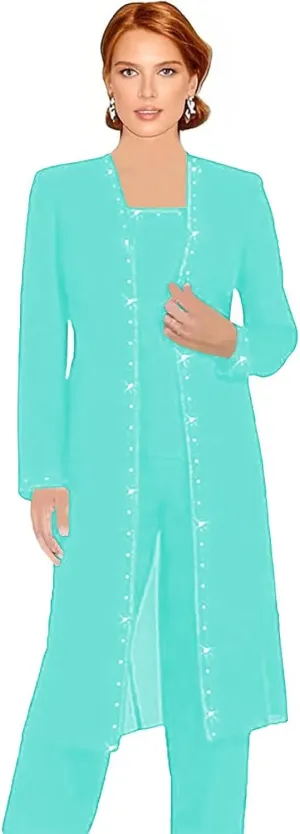 3 Pieces Mother of The Bride Pantsuits for Wedding Long Sleeve Formal Pant Suits for Women