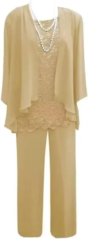 3 Pieces Pant Suits for Women Dressy Lace Chiffon Formal Wedding Guest Dress with Jacket