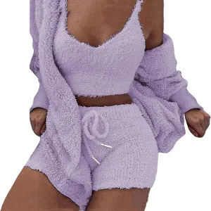 A ADILACA Hooded Cardigan Outwear Crop Tops Shorts Nightwear Set, Women Sexy Warm Fuzzy 3 Piece Outfits Pajamas