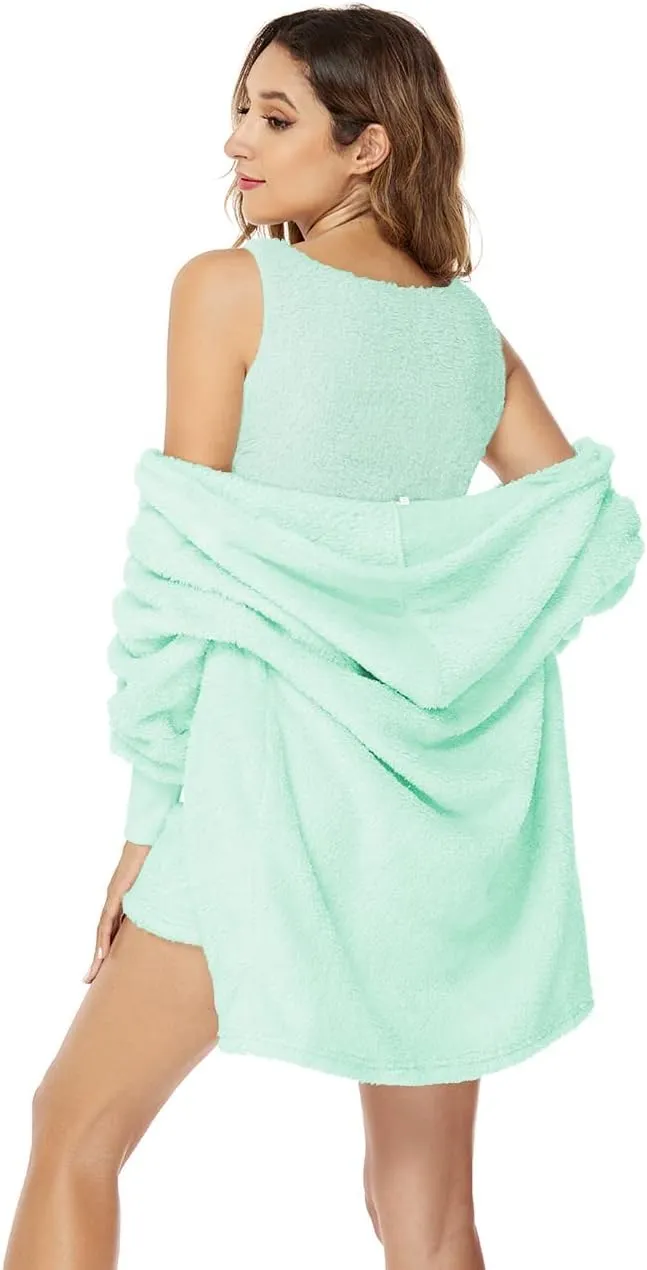A ADILACA Hooded Cardigan Outwear Crop Tops Shorts Nightwear Set, Women Sexy Warm Fuzzy 3 Piece Outfits Pajamas