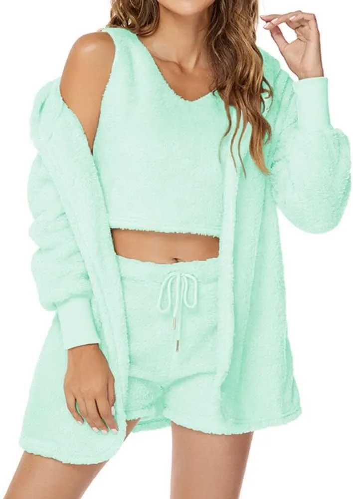 A ADILACA Hooded Cardigan Outwear Crop Tops Shorts Nightwear Set, Women Sexy Warm Fuzzy 3 Piece Outfits Pajamas