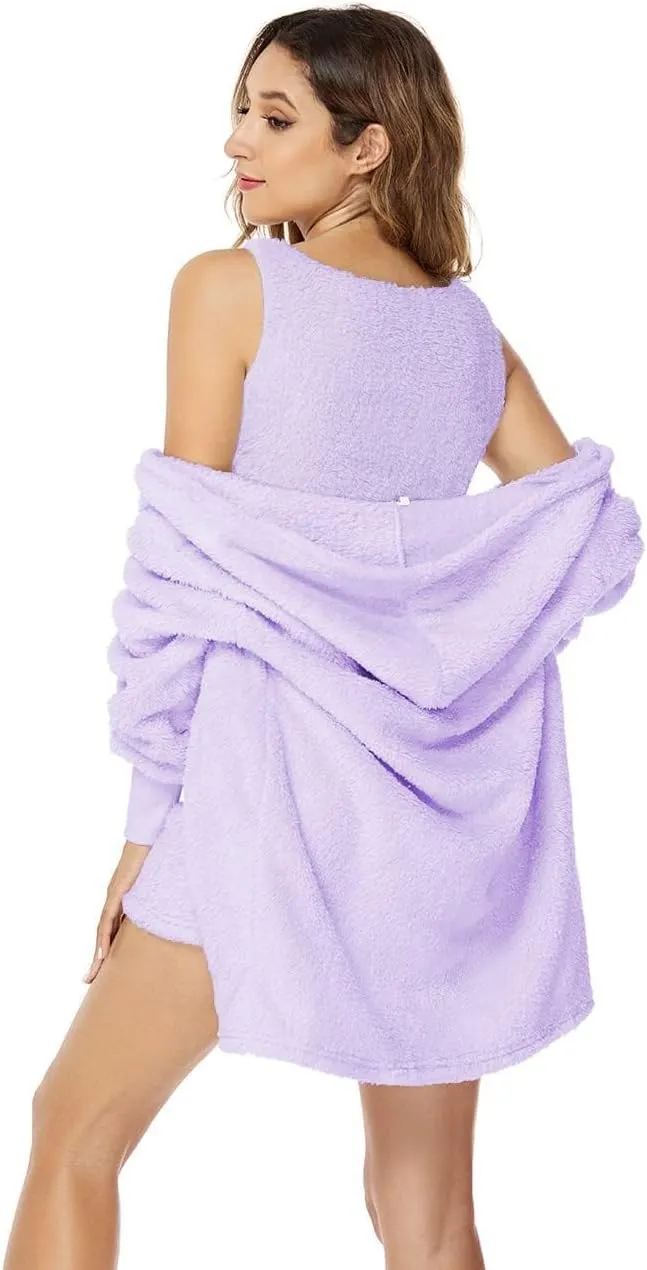 A ADILACA Hooded Cardigan Outwear Crop Tops Shorts Nightwear Set, Women Sexy Warm Fuzzy 3 Piece Outfits Pajamas