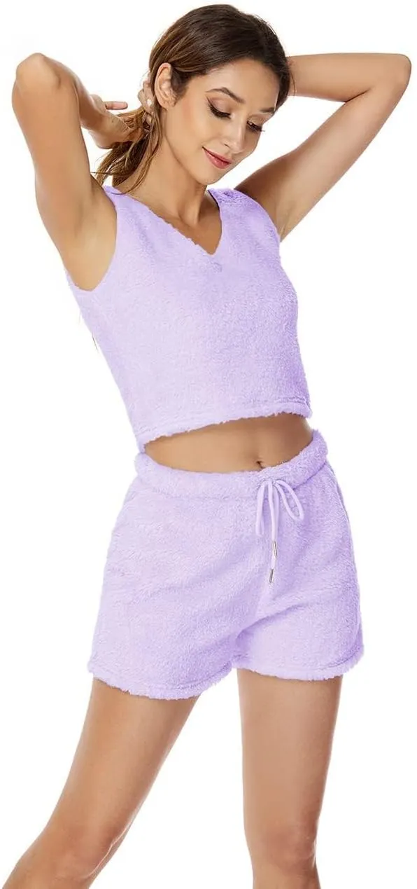 A ADILACA Hooded Cardigan Outwear Crop Tops Shorts Nightwear Set, Women Sexy Warm Fuzzy 3 Piece Outfits Pajamas