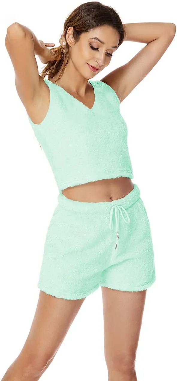 A ADILACA Hooded Cardigan Outwear Crop Tops Shorts Nightwear Set, Women Sexy Warm Fuzzy 3 Piece Outfits Pajamas