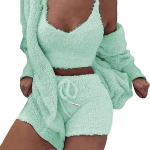 A ADILACA Hooded Cardigan Outwear Crop Tops Shorts Nightwear Set, Women Sexy Warm Fuzzy 3 Piece Outfits Pajamas