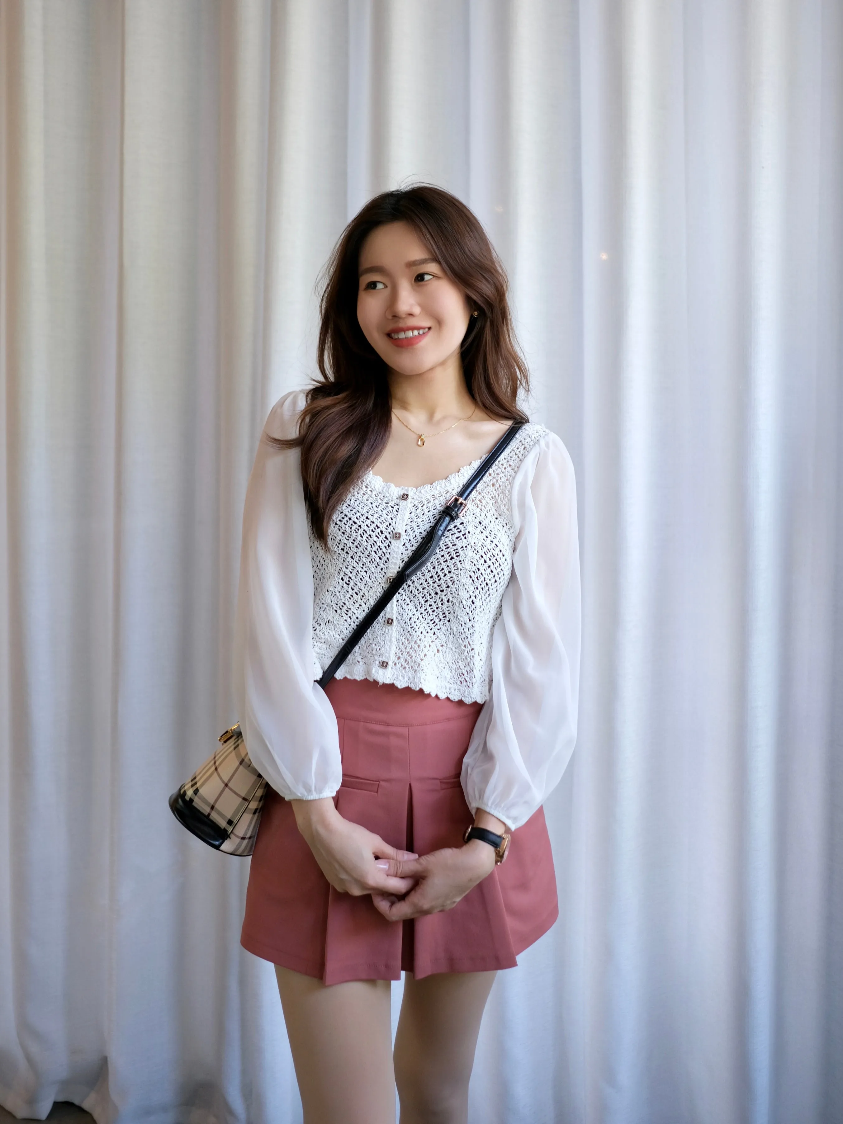 ACEWIN Long Puff Sheer Sleeve Crochet Buttoned Top (Free Size) 110299
