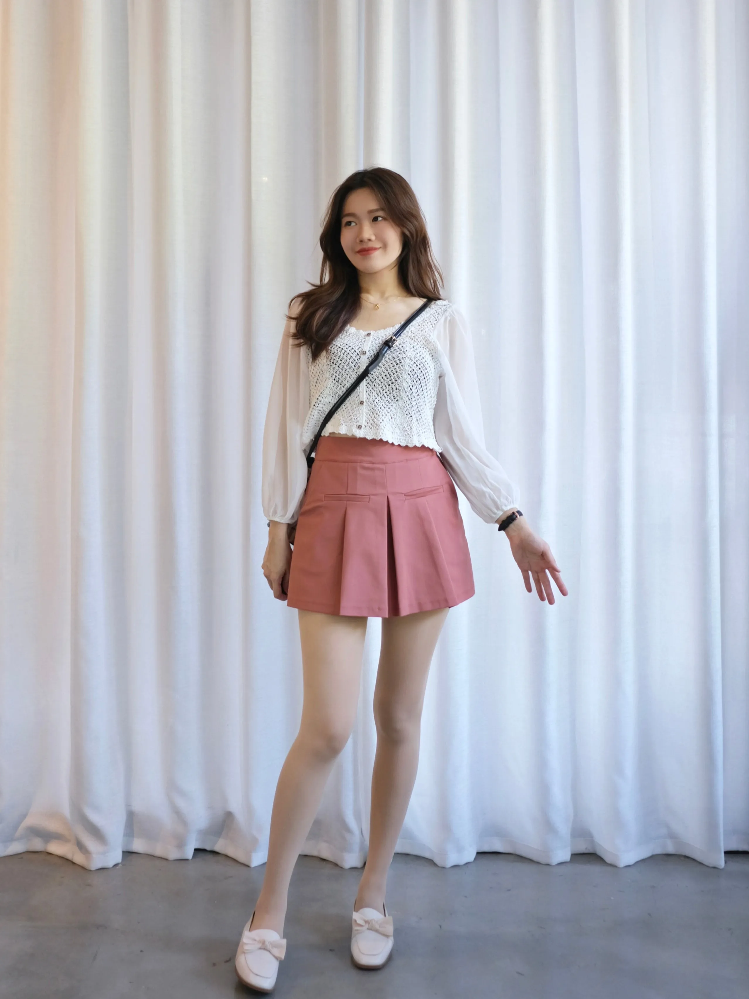 ACEWIN Long Puff Sheer Sleeve Crochet Buttoned Top (Free Size) 110299