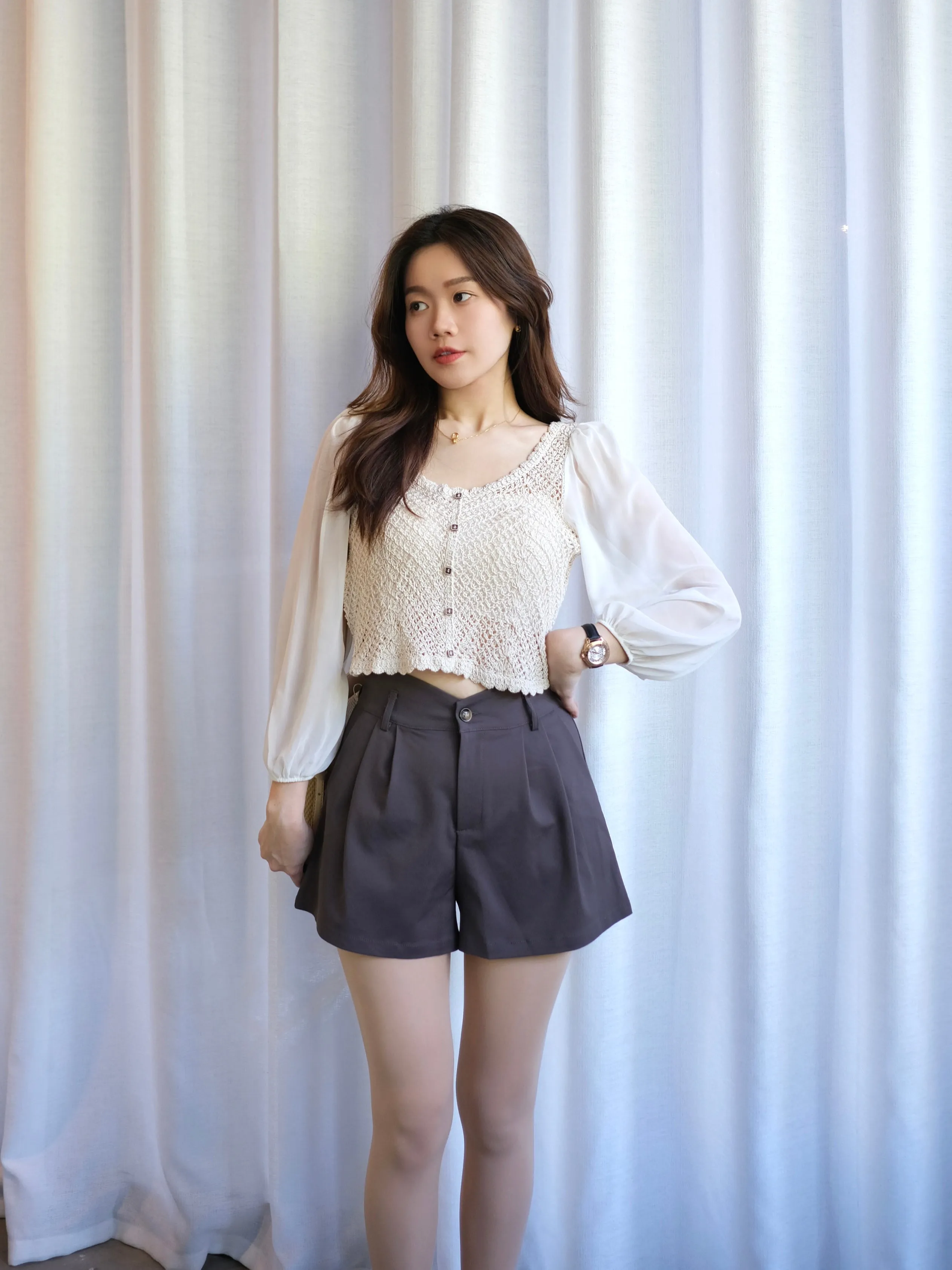 ACEWIN Long Puff Sheer Sleeve Crochet Buttoned Top (Free Size) 110299