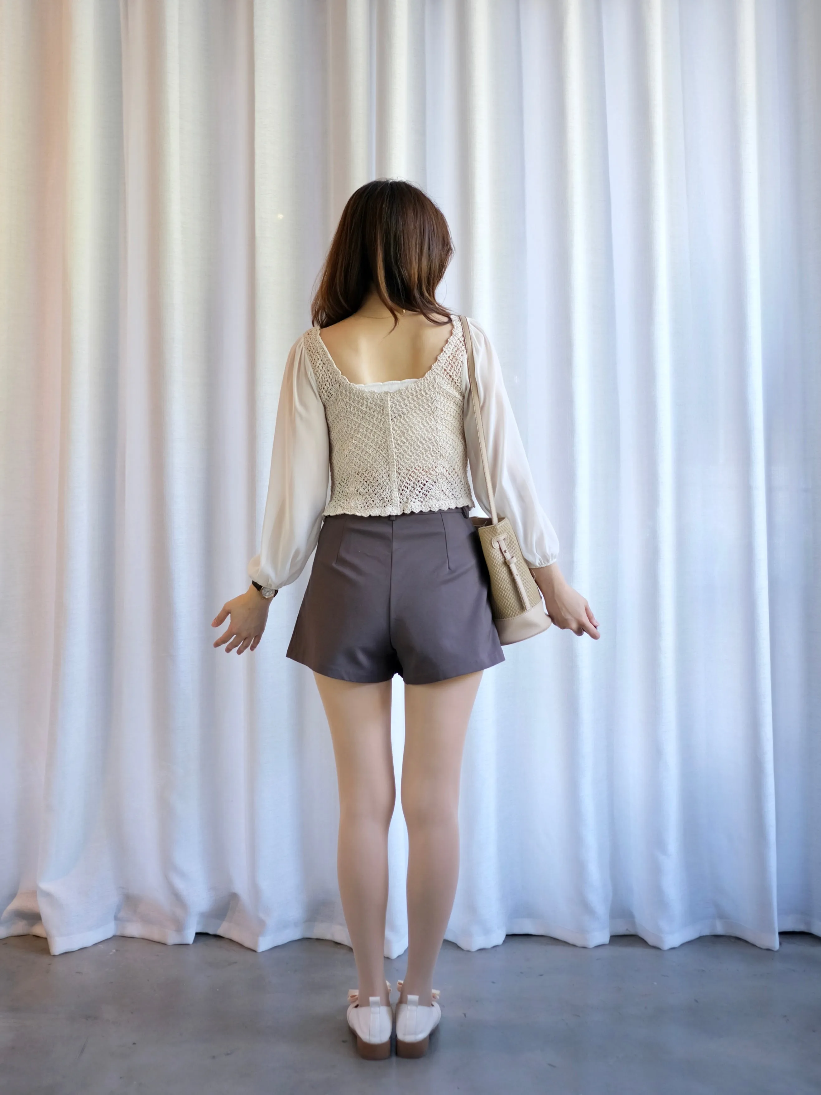 ACEWIN Long Puff Sheer Sleeve Crochet Buttoned Top (Free Size) 110299