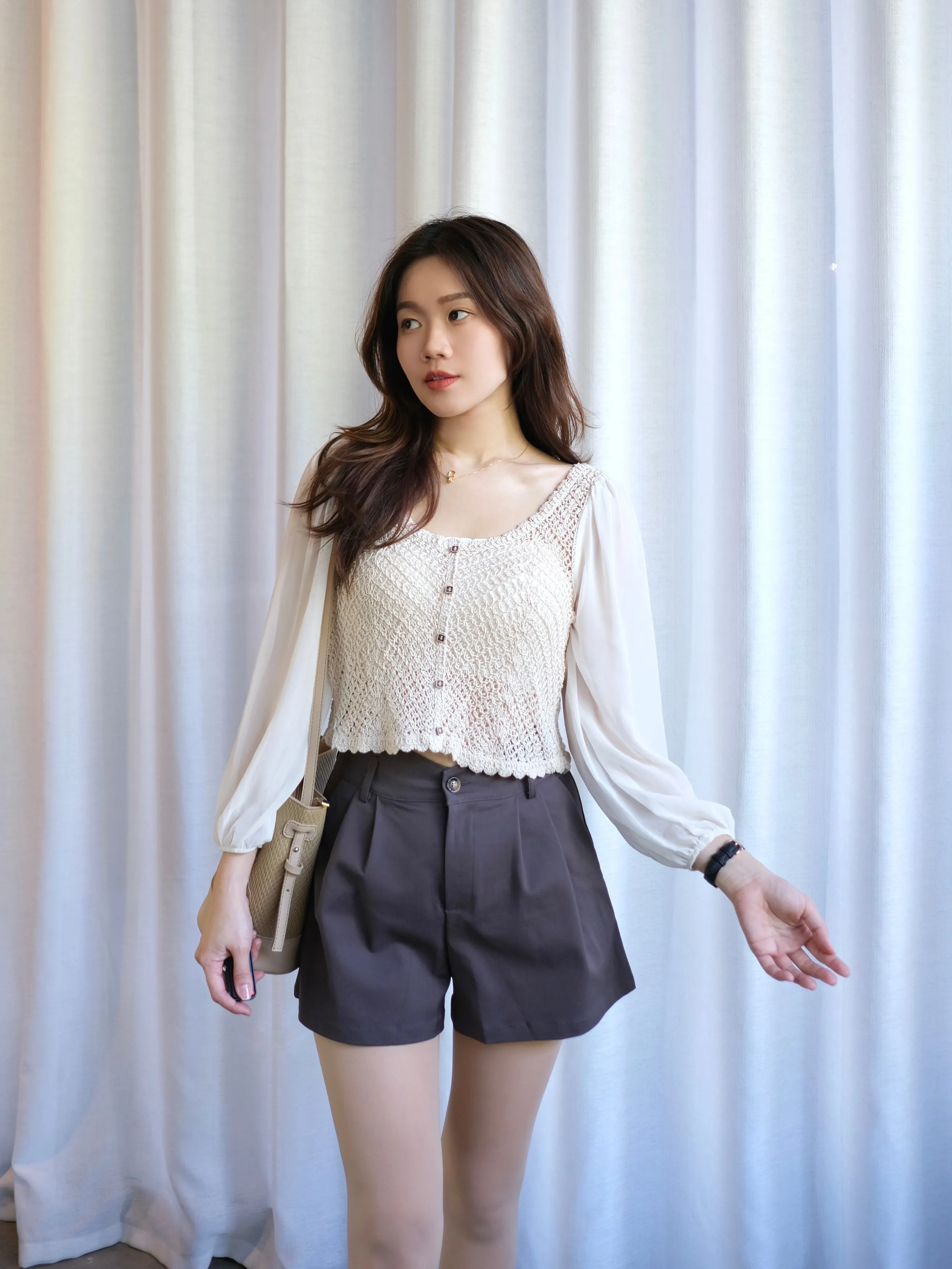 ACEWIN Long Puff Sheer Sleeve Crochet Buttoned Top (Free Size) 110299