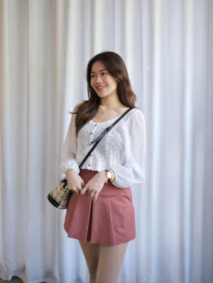 ACEWIN Long Puff Sheer Sleeve Crochet Buttoned Top (Free Size) 110299