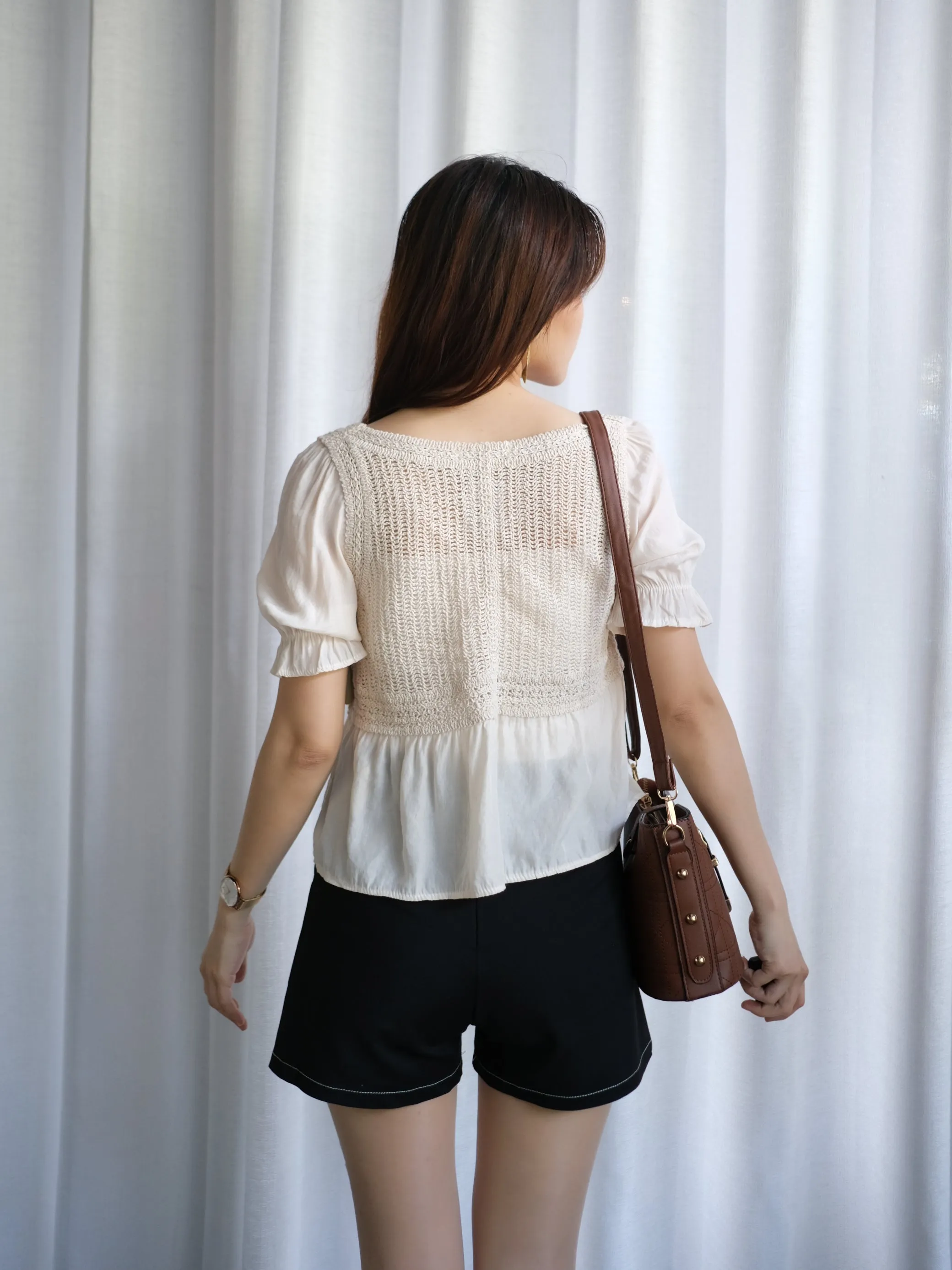 ACEWIN Puff Sleeve Floral Embroidery Crochet Top (Free Size) 110264