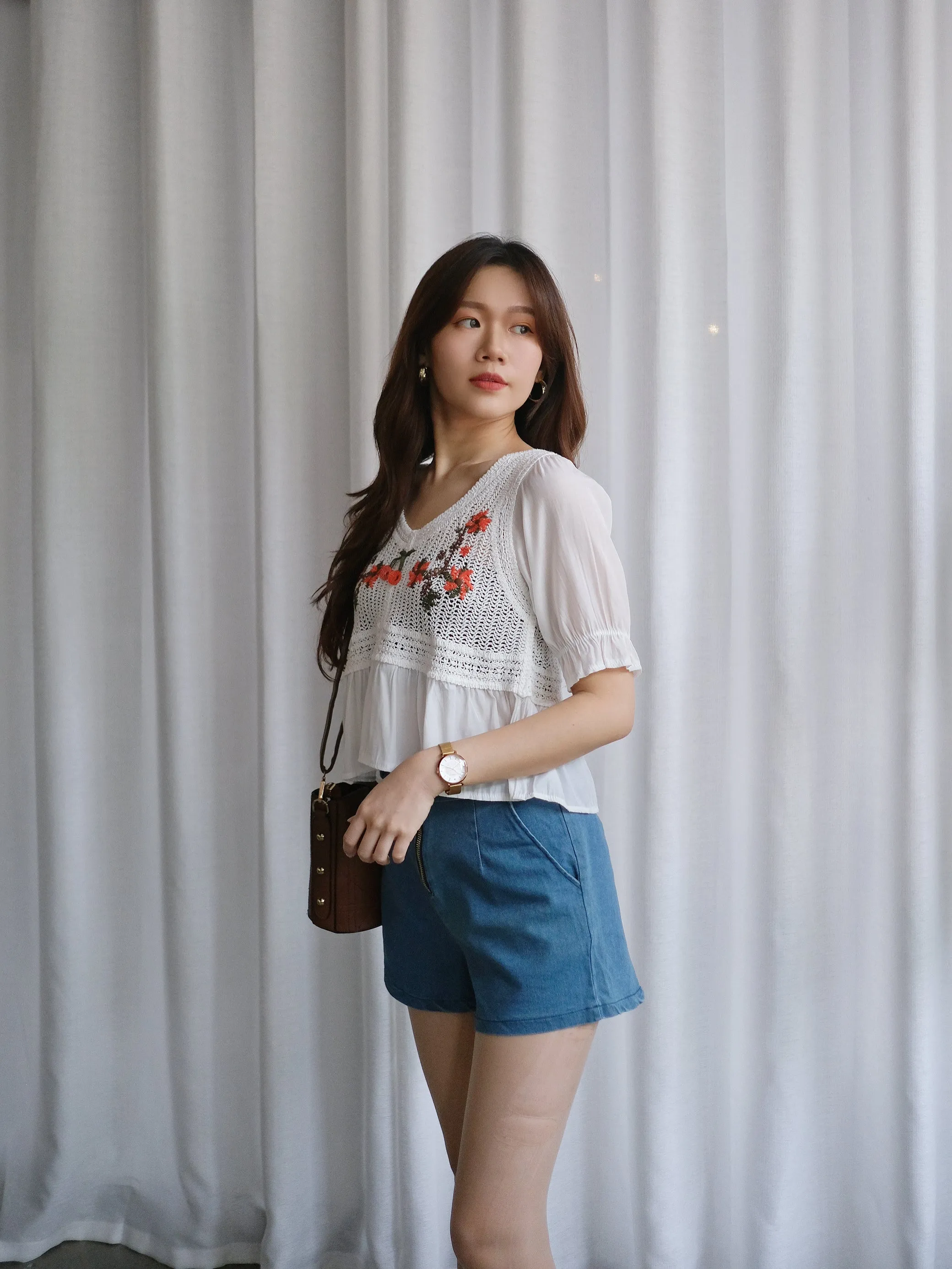 ACEWIN Puff Sleeve Floral Embroidery Crochet Top (Free Size) 110264