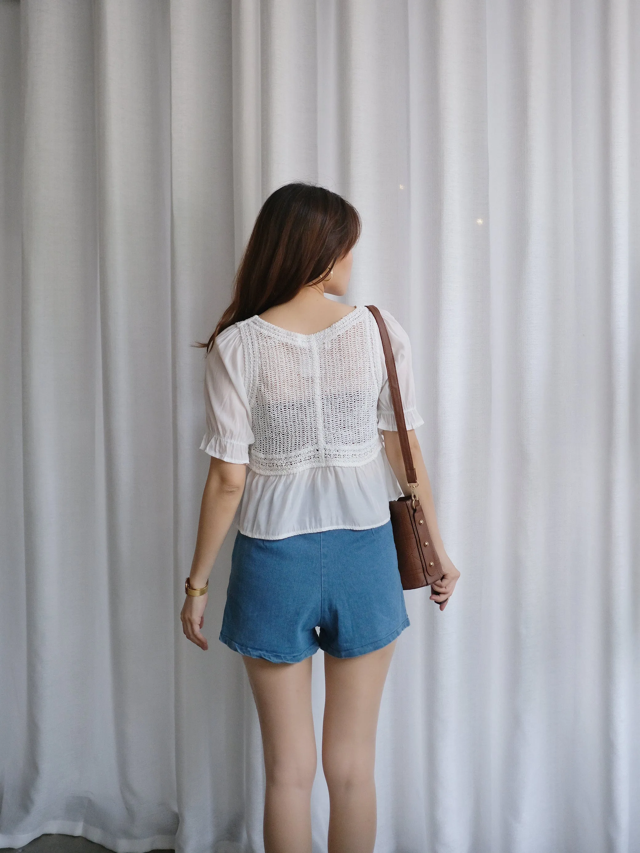 ACEWIN Puff Sleeve Floral Embroidery Crochet Top (Free Size) 110264
