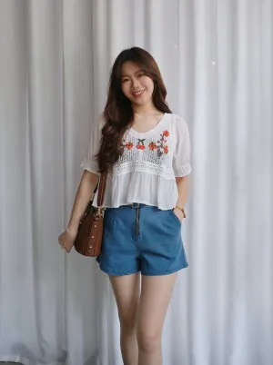 ACEWIN Puff Sleeve Floral Embroidery Crochet Top (Free Size) 110264
