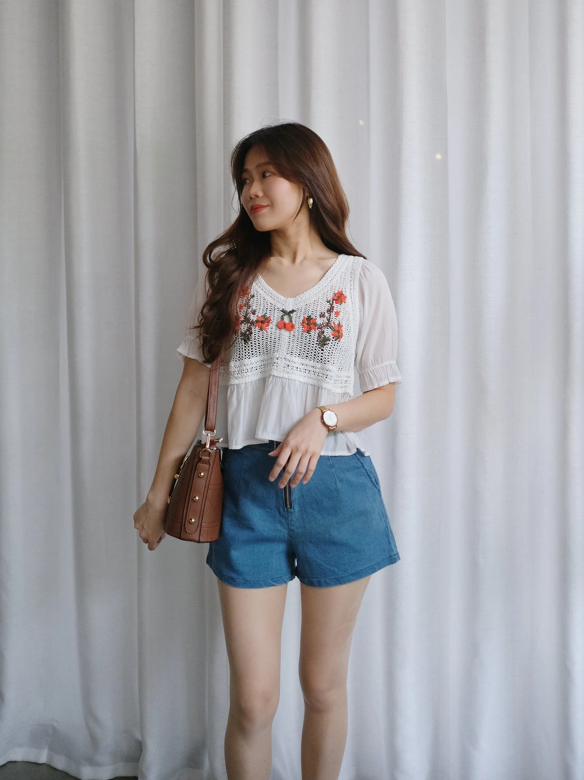 ACEWIN Puff Sleeve Floral Embroidery Crochet Top (Free Size) 110264