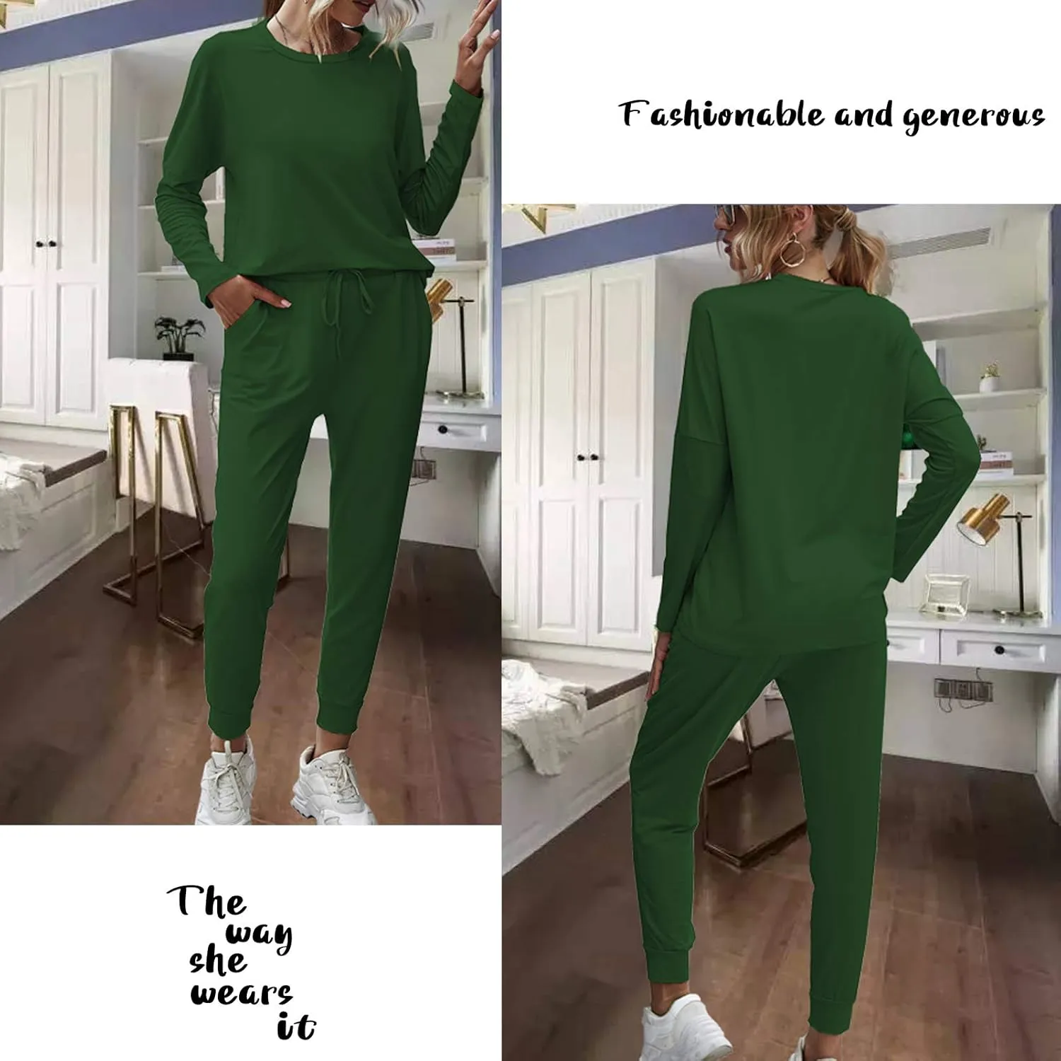 ACOSAP Women Casual Outfit Solid 2 Piece Outfit Long Sleeve Crewneck Pullover Tops and Long Pants Sweatsuits Tracksuits