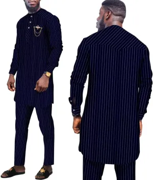 African Suit for Men Traditional Stripe Blazer and Pants 2 Piece Set Business Formal Dress Suit Party Wedding Evening
