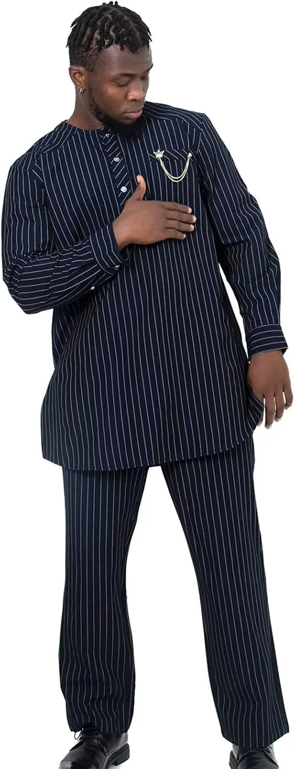 African Suit for Men Traditional Stripe Blazer and Pants 2 Piece Set Business Formal Dress Suit Party Wedding Evening