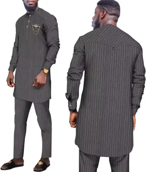 African Suit for Men Traditional Stripe Blazer and Pants 2 Piece Set Business Formal Dress Suit Party Wedding Evening