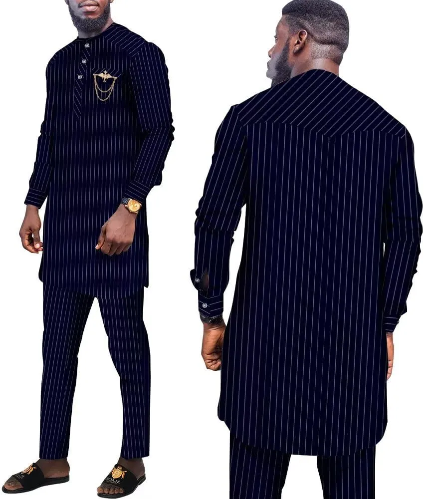 African Suit for Men Traditional Stripe Blazer and Pants 2 Piece Set Business Formal Dress Suit Party Wedding Evening