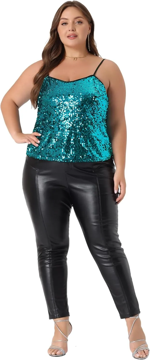 Agnes Orinda Sparkle Sequin Cami Tops for Women Plus Size Backless Glitter Shimmer Tank Camisole Halloween Christmas