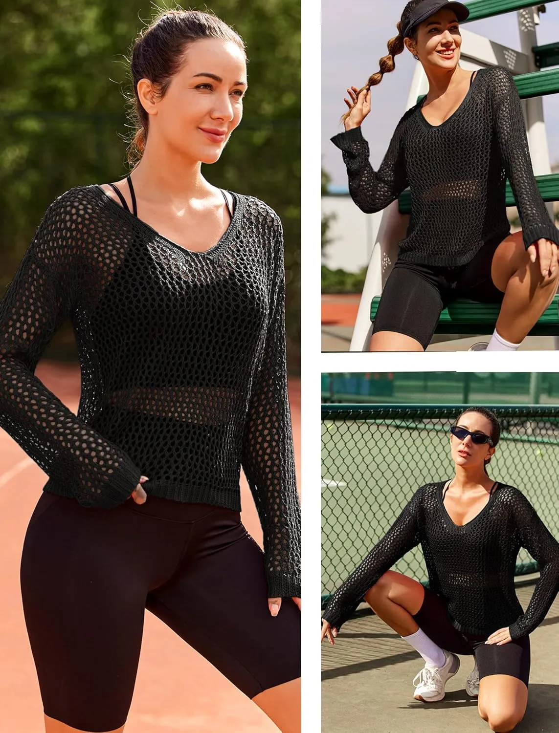 AI'MAGE Womens Crochet Tops Long Sleeve Hollow Out Swim Cover Up 2025 Beach Bikini Swimsuit Summer Tunic Top