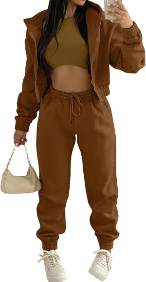 Akmipoem Sweatsuits for Women Set 3 Piece Outfits Zip Up Hoodie Sweatshirt Crop Tank Top Jogger Sweatpants Tracksuit
