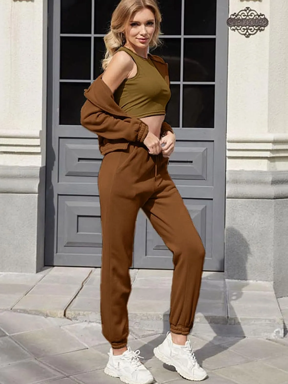 Akmipoem Sweatsuits for Women Set 3 Piece Outfits Zip Up Hoodie Sweatshirt Crop Tank Top Jogger Sweatpants Tracksuit