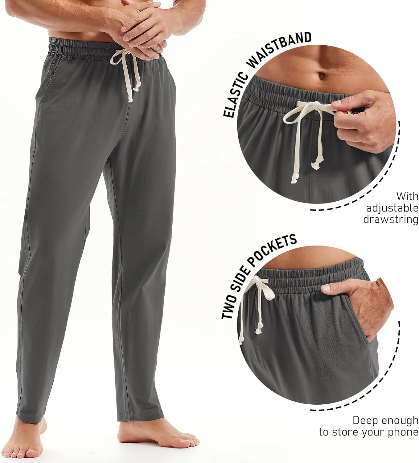 AMY COULEE Mens Cotton Yoga Pants Running Workout Lightweight Sweatpants Open Bottom Lounge Pants with Pockets