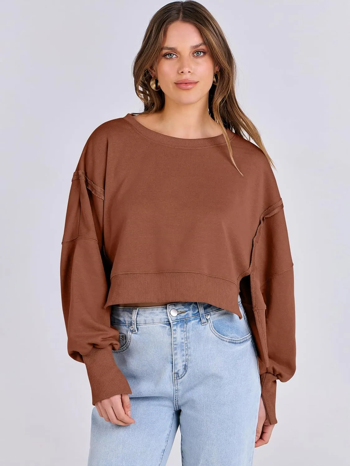 ANRABESS Womens Cropped Oversized Sweatshirts Crewneck Long Sleeve Pullover 2024 Fall Teen Girls Y2K Fashion Crop Tops